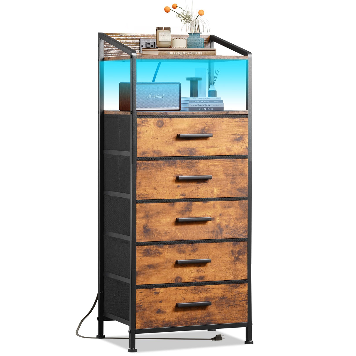 EKNKOZY Nightstand 5 Drawer Dresser with LED Lights and Charging Station, Vertical Side Table with Fabric Drawers, End Table with Open Shelf, Tall Dresser for Bedroom, Hallway, Entryway, Rustic Brown EKNKOZY