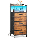 EKNKOZY Nightstand 5 Drawer Dresser with LED Lights and Charging Station, Vertical Side Table with Fabric Drawers, End Table with Open Shelf, Tall Dresser for Bedroom, Hallway, Entryway, Rustic Brown EKNKOZY
