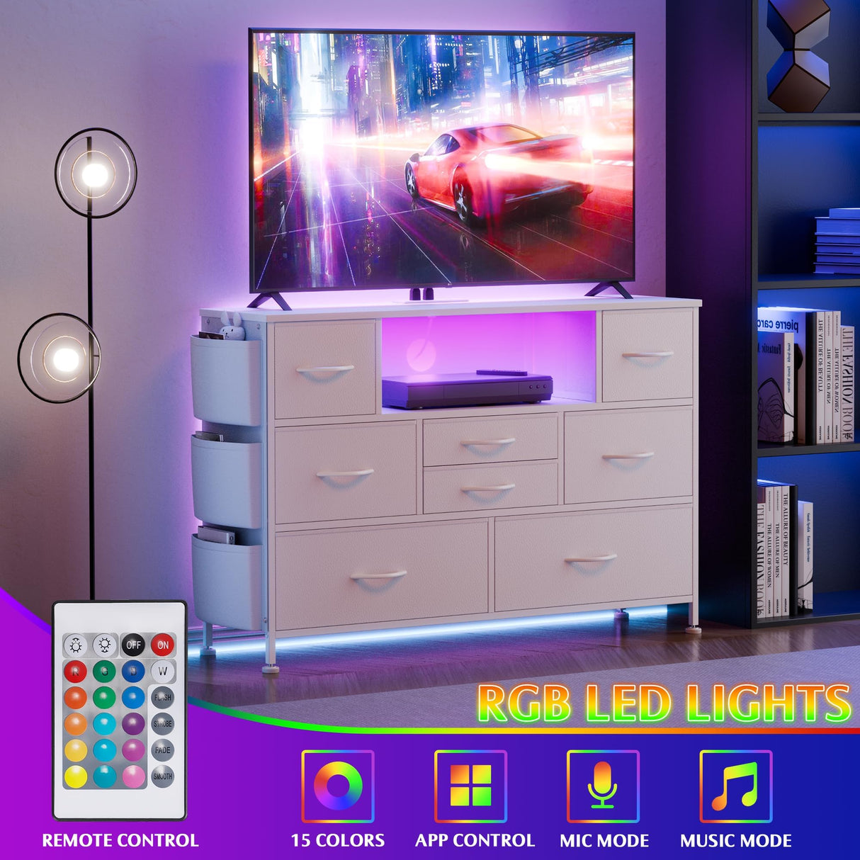 YaFiti Dresser for Bedroom with 8 Drawers, Dresser TV Stand with LED Lights, Fabric Chest of Drawers with Side Pocket for Living Room, Entryway, Bedroom Furniture (White) YaFiti