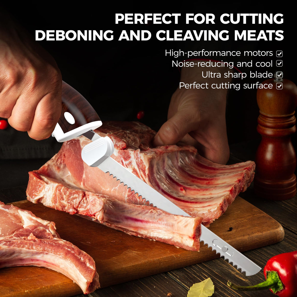 HBN Electric Knife Serrated Edge Blade Knife Set for Carving Meat, Bread, Turkey, Ribs, Fillet and Cheese, Ergonomic Handle + 3 Blades for Raw & Cooked Food (Wood Grain Finish) HBN
