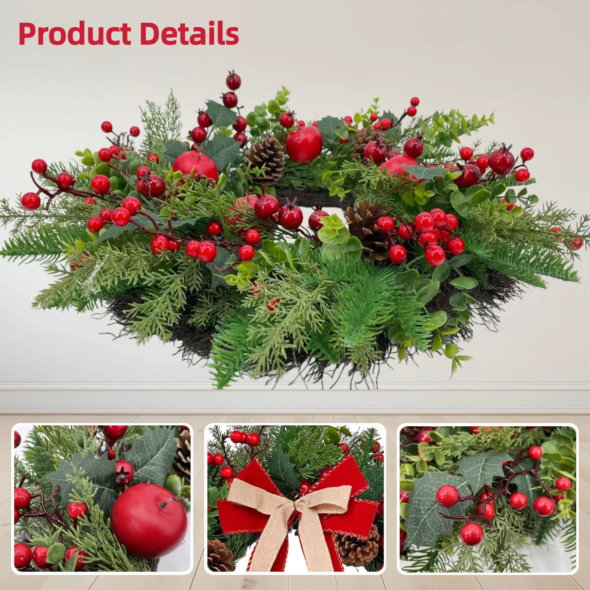 ARTINCRAFIO 24 Inch Christmas Wreath: Includes Red Bow & Zipped Storage Bag - Red Apple Berry Lush Foliage Wreaths for Front Door - Perfect Easy Post-Season Storage for Year-Round Use ARTINCRAFIO