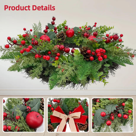 ARTINCRAFIO 24 Inch Christmas Wreath: Includes Red Bow & Zipped Storage Bag - Red Apple Berry Lush Foliage Wreaths for Front Door - Perfect Easy Post-Season Storage for Year-Round Use ARTINCRAFIO