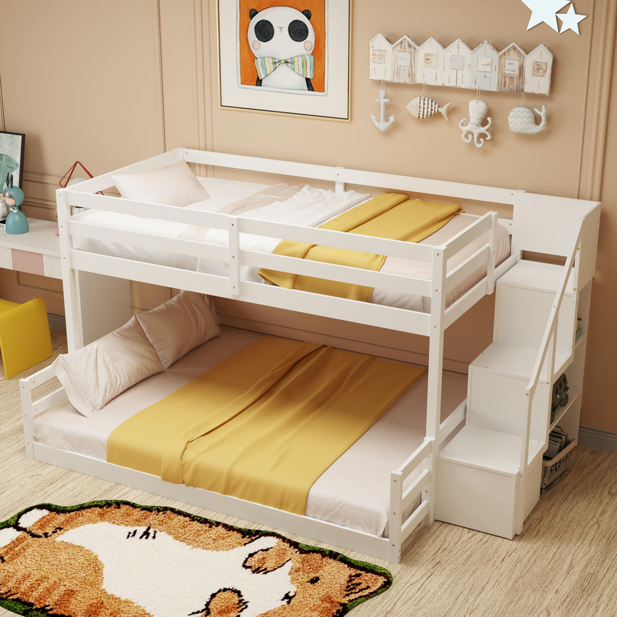 KOMFOTT Wood Twin Over Full Low Bunk Bed with Storage Staircase, Wooden Bunk Bed Frame with Full-Length Guardrails, Low Profile Bunk Bed with Slats Support, No Box Spring Needed (White) KOMFOTT
