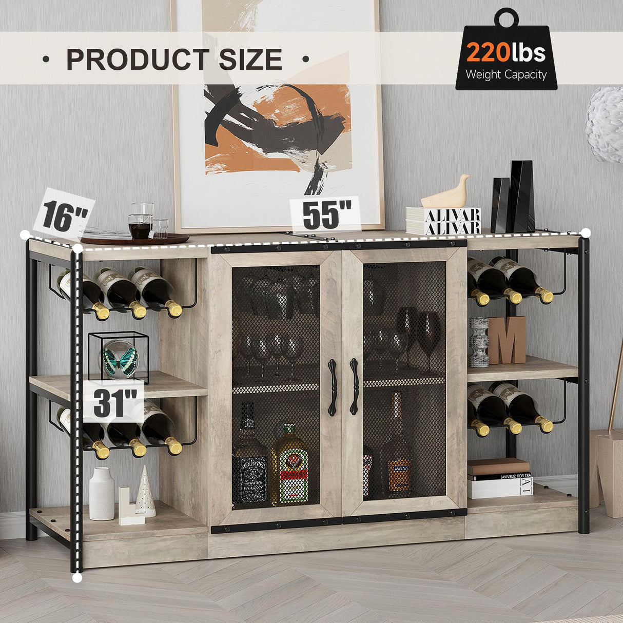 GAOMON Wine Bar Cabinet, Liquor Cabinet for Liquor and Glasses, Industrial Bars & Wine Cabinets with Storage and Wine Rack, Home Bar Furniture for Dining Room, Living Room, Kitchen (Grey) GAOMON