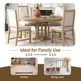 Quarte 5-Piece Farmhouse Round Dining Table Set with Extendable Round Table and 4 Upholstered Chairs, Compact Table Set for Small Kitchen Room (Natural Wood Wash/Adjustable) Quarte