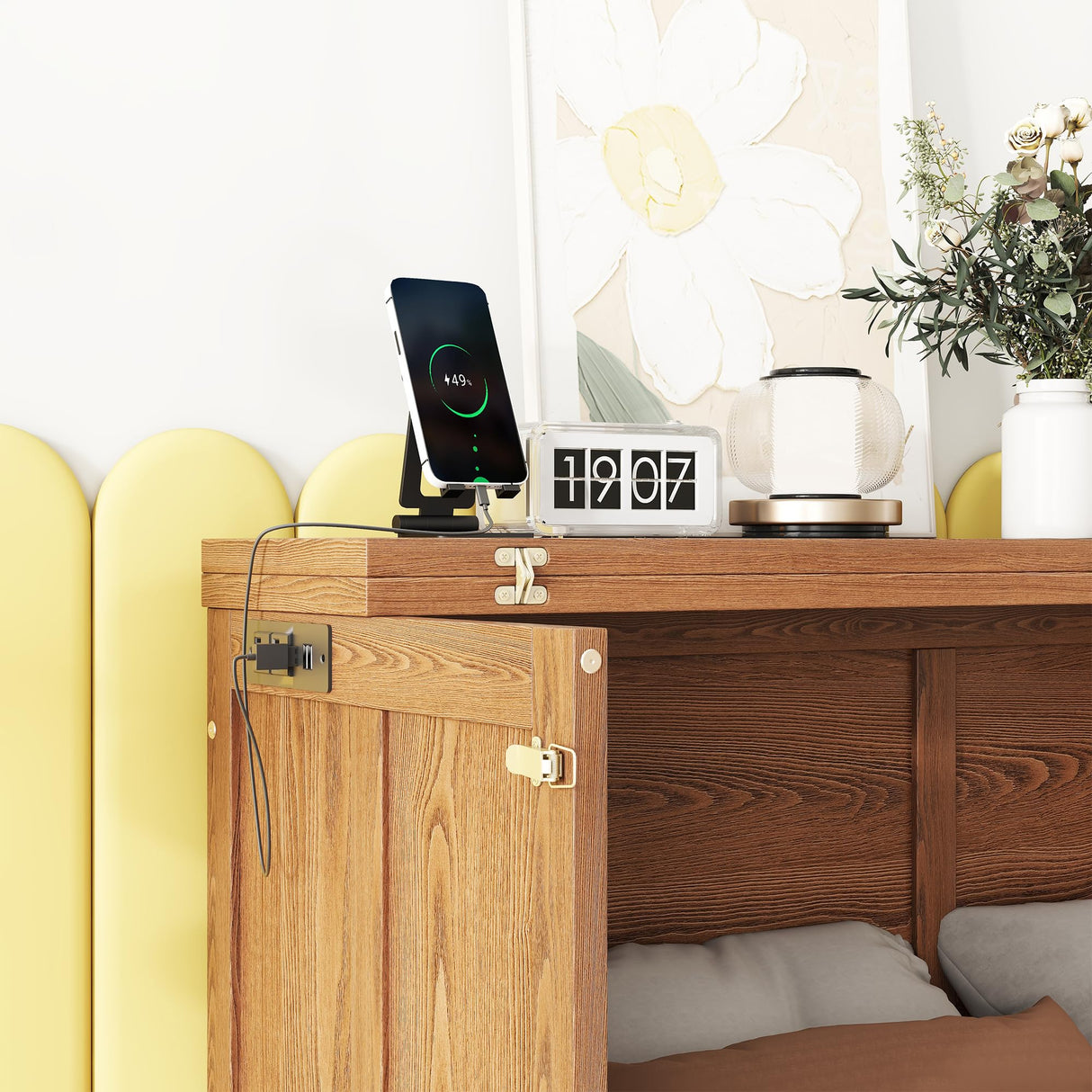 KEIKI Full Murphy Bed Cabinet with Storage Drawer and Charging Station, USB Port, Solid Pine Murphy Bedframe for Home Office, Studio or Guest Room,Walnut KEIKI