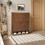 BVXBVX 31.5''W Walnut Shoe Storage Cabinet for Entryway with 2 Flip Drawers, Fluted Slim Shoe Cabinet, Free Standing Wooden Shoes Organizer for Foyer, Hallway BVXBVX