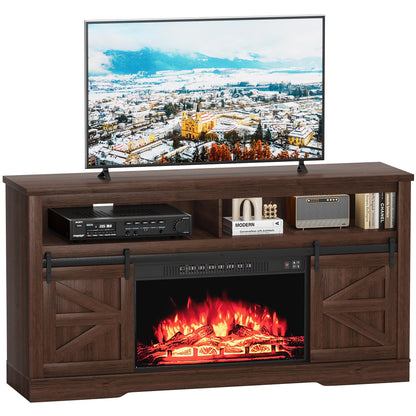 Furniwell Electric Fireplace TV Stand for TVs up to 65", Media Entertainment Center with 26” Fireplace, Farmhouse Console with Sliding Barn Door and Adjustable Storage Shelves for Living Room (Brown)