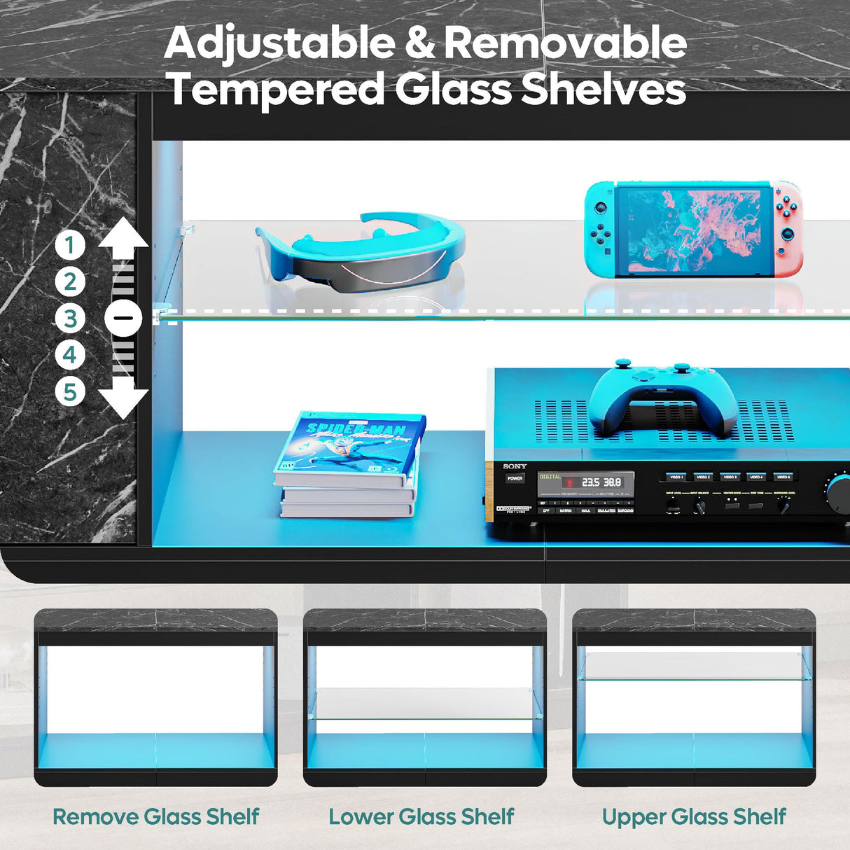 Bestier Led Entertainment Center for PS5,Xbox,Gaming TV Stand with Cabinet for 60/65 Inch TV, Modern TV Console with Adjustable Glass Shelf for Living Room Easy Assembly Black Marble Bestier