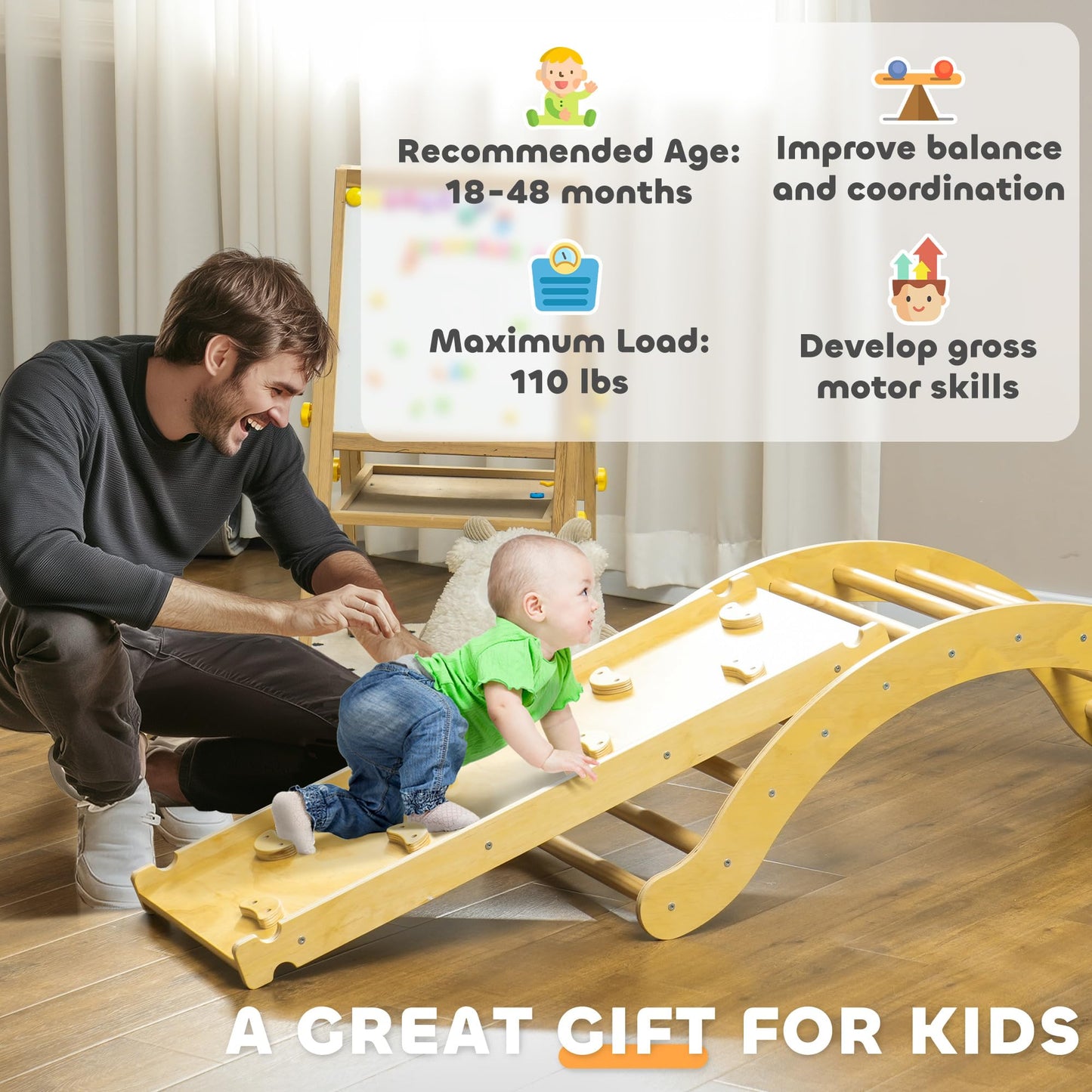 Qaba Toddler Climbing Toys, Indoor 4 in 1 Pikler Climbing Set with Arch Climber, Ramp & Cushion, Wooden Montessori Climbing Set, Baby Play Gym for Indoor Playground, Wood