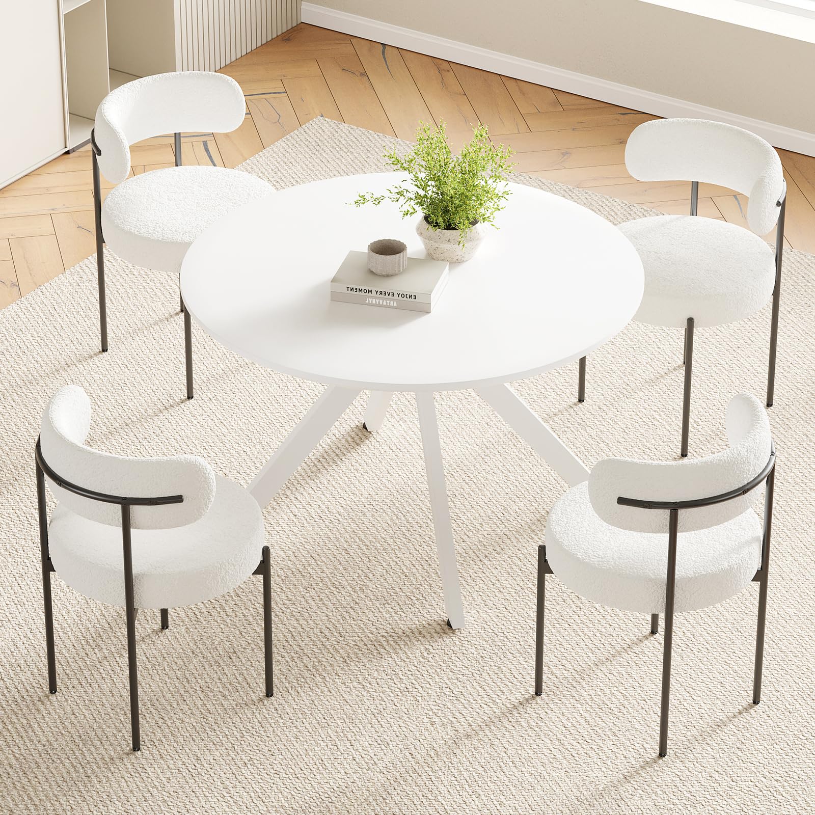 Farini White Dining Table for 4-6 Person,47" Round Wooden Dining Tabletop and Metal Frame for Home Kitchen Dining Desk (47 inch,120cm) - WoodArtSupply