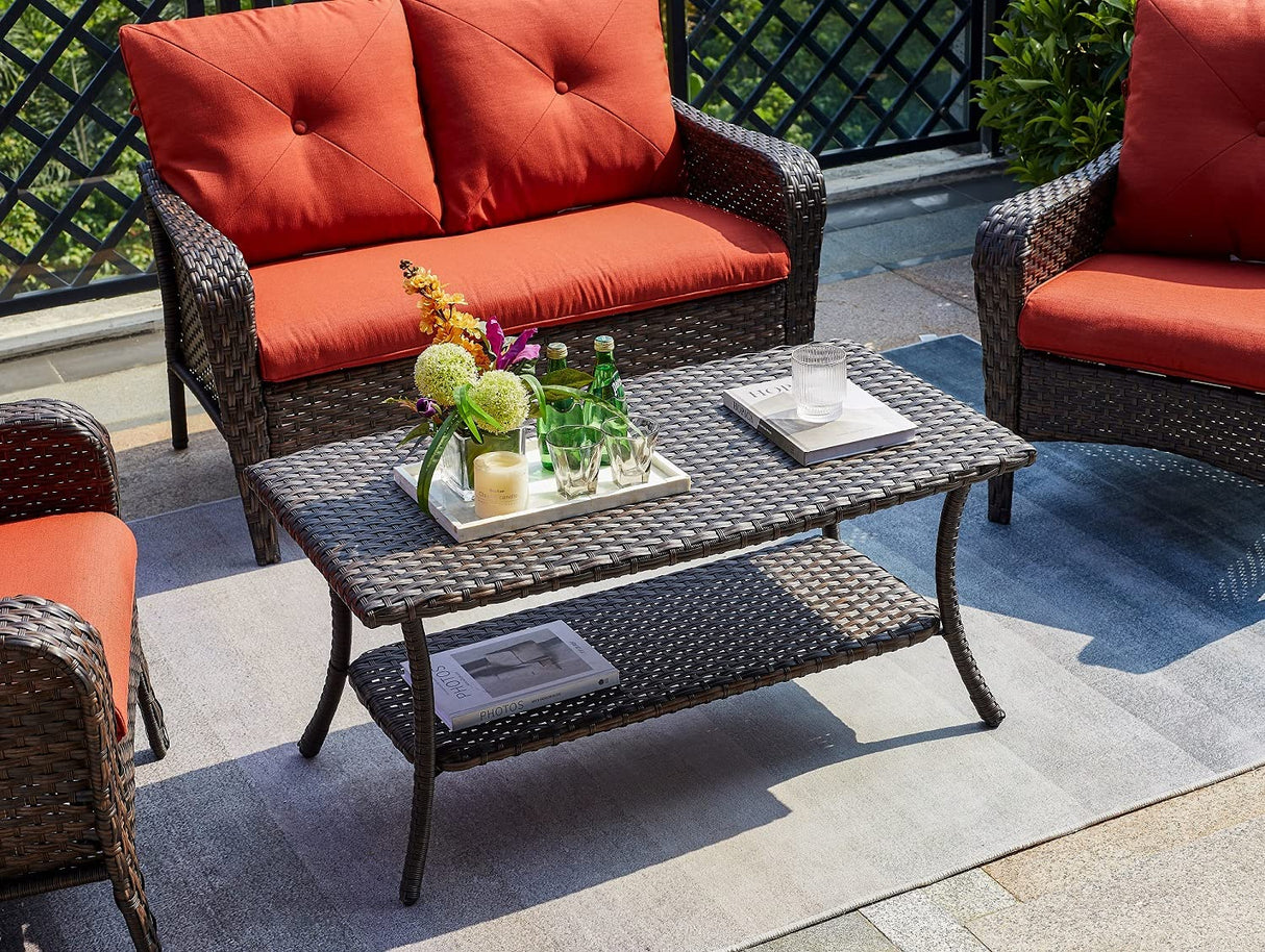 Rilyson Patio Tables Outdoor Coffee Table - Wicker Rattan Coffee Tables with 2-Tier Storage Shelf Side Table for Porch Deck Balcony Garden Outside Rectangle Brown Rilyson