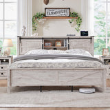 T4TREAM Farmhouse Full Size Bed Frame w/Storage Bookcase Headboard, Sliding Barn Door, Charging Station, Rustic Wood Platform Bed w/Wood Slats Support, No Box Spring Needed, Antique Brush White T4TREAM