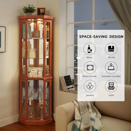 CKEASEAN Corner Curio Cabinet, 70" H Lighted Glass Display Cage with Tempered Glass Doors and Adjustable Shelves, Bulb Inclued, Wine Bar China Cabinet for Living Room Liquor Storage (Dark Oak) CKEASEAN