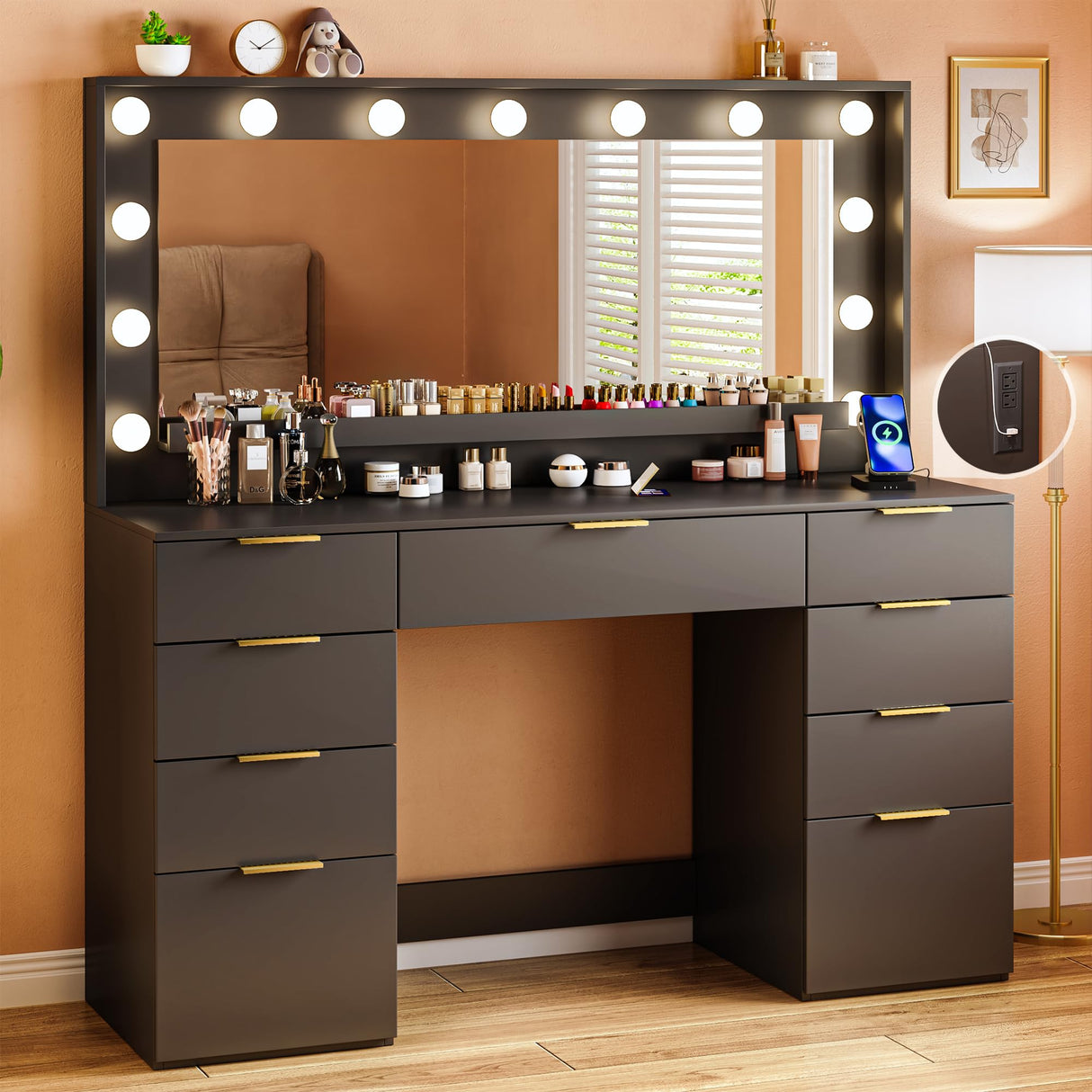 ALEXNUTRE Vanity Desk with Large Mirror and Lights, 45.3in Makeup Vanity with Power Outlet 9 Drawers & Storage, 3 Lighting Color Adjustable, Black Vanity Desk for Bedroom ALEXNUTRE