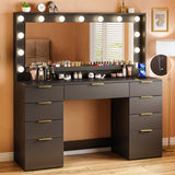 ALEXNUTRE Vanity Desk with Large Mirror and Lights, 45.3in Makeup Vanity with Power Outlet 9 Drawers & Storage, 3 Lighting Color Adjustable, Black Vanity Desk for Bedroom ALEXNUTRE