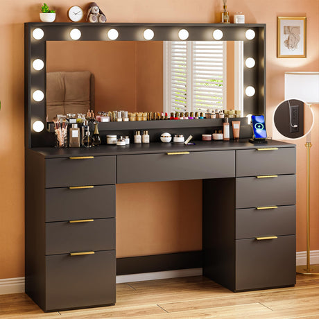 ALEXNUTRE Vanity Desk with Large Mirror and Lights, 45.3in Makeup Vanity with Power Outlet 9 Drawers & Storage, 3 Lighting Color Adjustable, Black Vanity Desk for Bedroom ALEXNUTRE