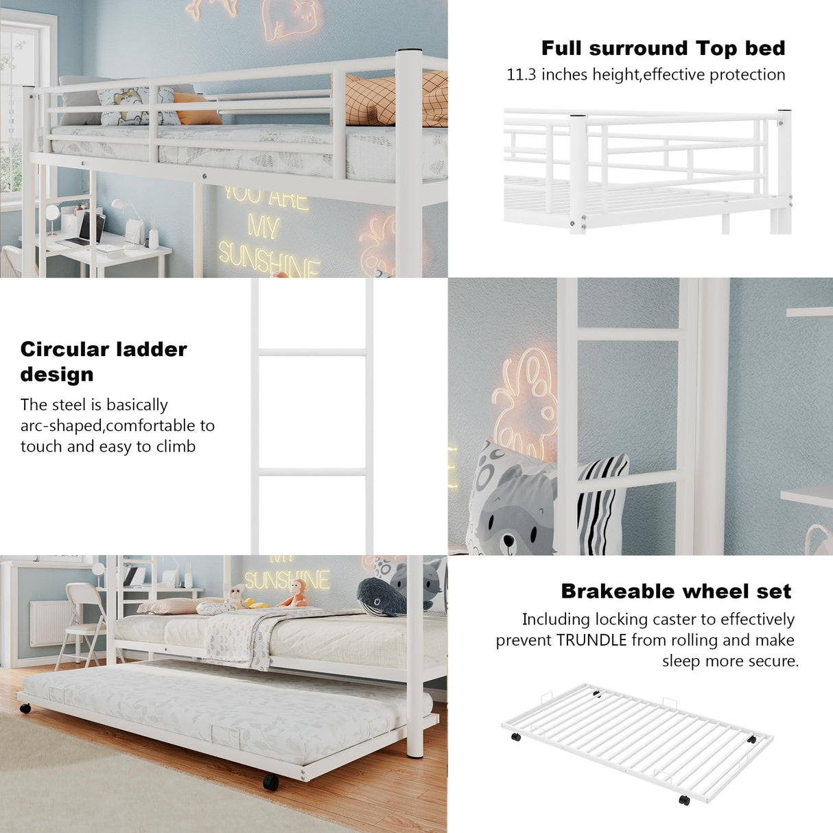 Merax Triple Bunk Bed, Twin Over Twin Bunk Beds with Trundle, Sturdy Steel Bunk Beds Frame for 3 Kids/Teens with Two Side Ladders and Safety Guard Rail,White Color Merax