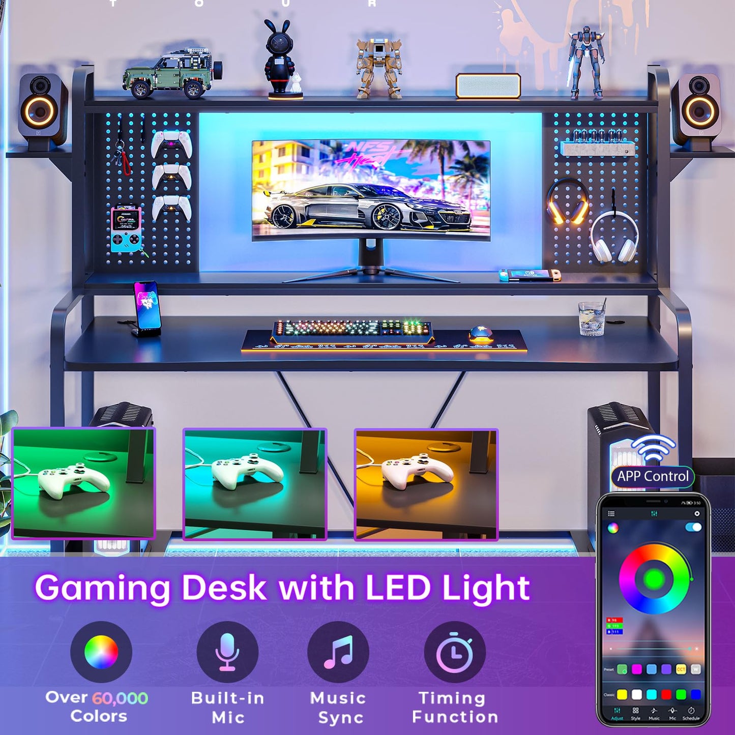 SEDETA Gaming Desk, 55" Computer Desk with Hutch and Shelves, Gaming Desk with LED Lights, Pegboard & Monitor Shelf, Large PC Gamer Desk Workstation for Home Office, Gaming Table for Bedroom, Black