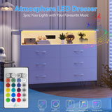 Patikuin White Dresser for Bedroom with LED Light & Charging Station, 6 Drawers Wooden Dressers with Open Space, Modern Chest of Double Wide Drawers for Living Room, Entryway, Hallway TV Stand Patikuin