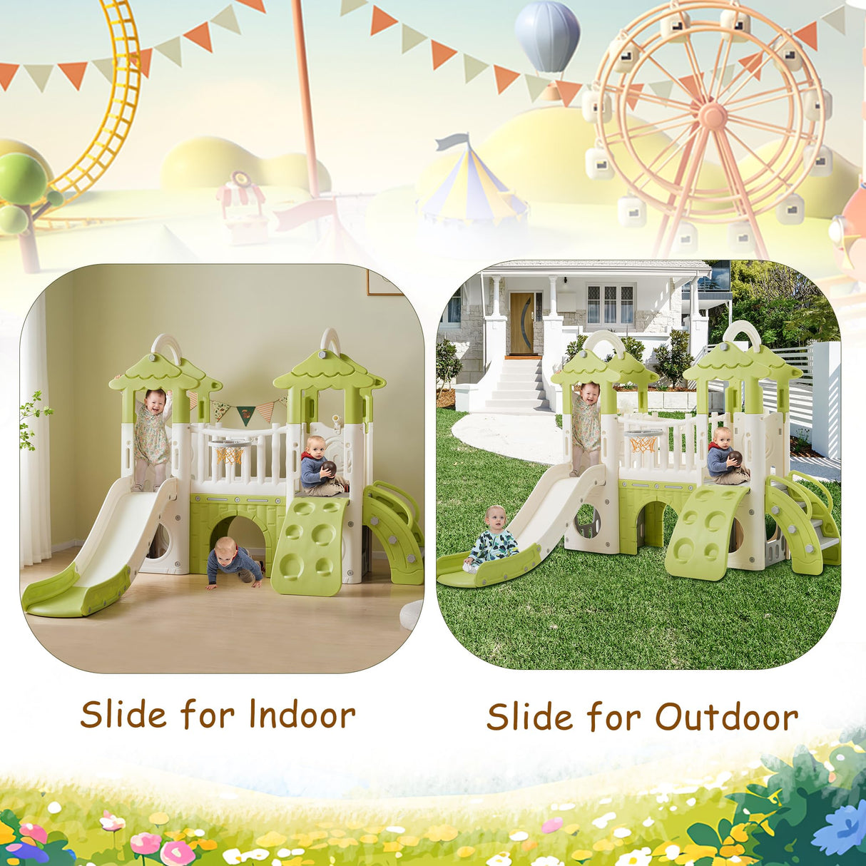Virubi 8-in-1 Jungle Slide, Indoor Outdoor Toddler Playset with Basketball Hoop, Telescope and Climbing Wall, Tree House Design Baby Slide Playset for Toddlers 1+ Virubi