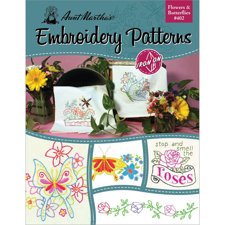 Aunt Martha's 402 Flowers and Butterflies Embroidery Transfer Pattern Book, Over 25 Iron On Patterns Aunt Martha's
