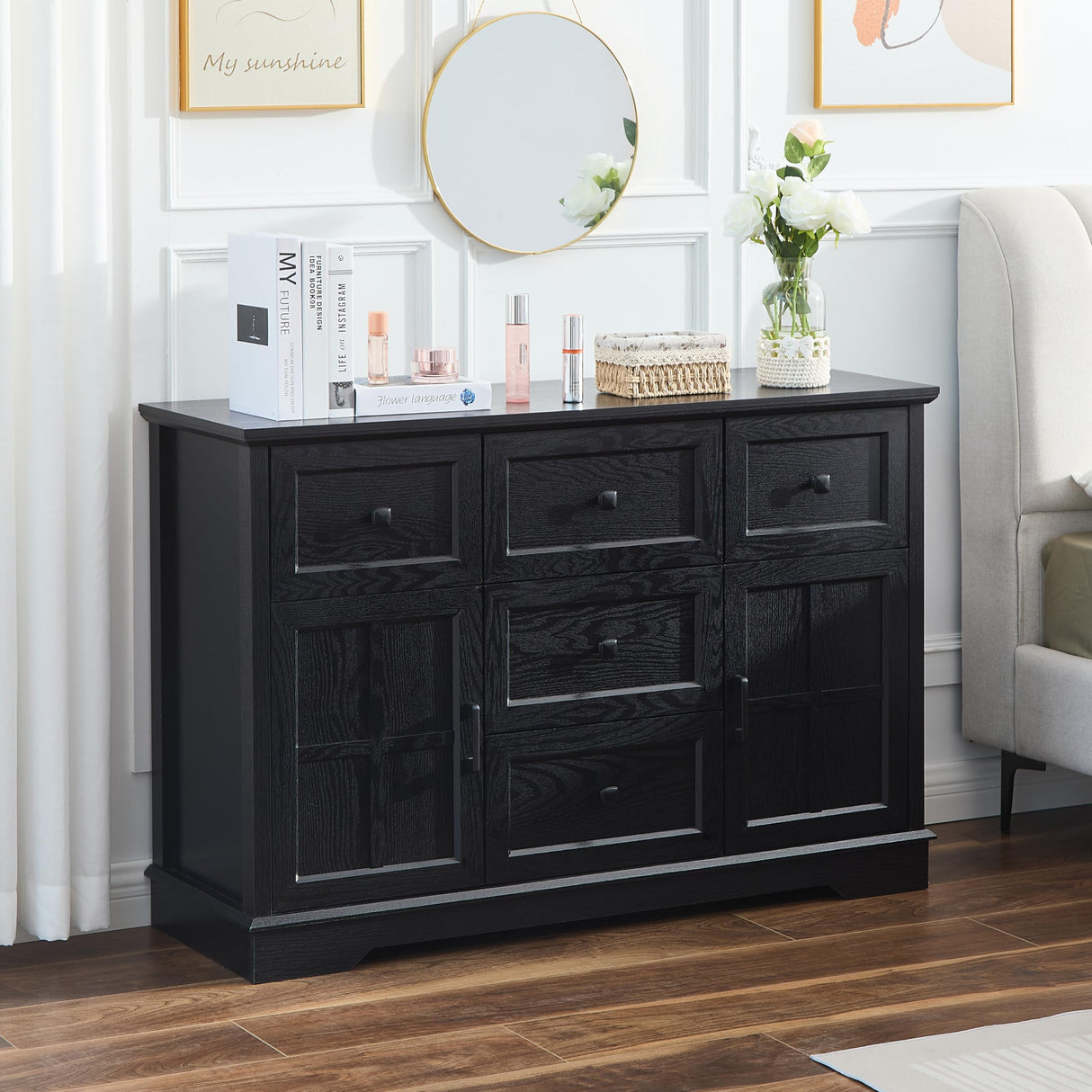 HDDDZSW Farmhouse Sideboard Buffet Cabinet with Storage, 47.3" Large Sideboard Cabinet with 5 Drawers & 2 Doors, Wood Coffee Bar Table for Kitchen, Living Room (Black) HDDDZSW