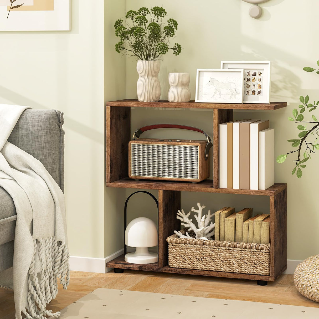 LOKO 3-Tier Geometric Bookshelf, S-Shaped Open Bookcase, Freestanding Decorative Storage Shelving, Home Storage Organizer for Living Room, Bedroom, Home Office (1, Rustic Brown) LOKO