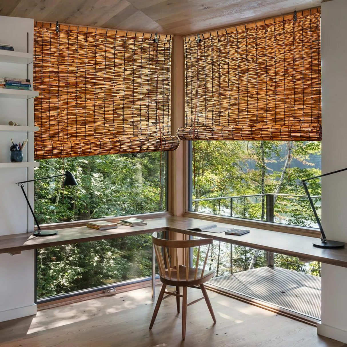 FENRUNXU Natural Bamboo Roll-Up Blinds - 2 Pack, 47" W x 71" H Reed Shades for Indoor & Outdoor Use FENRUNXU