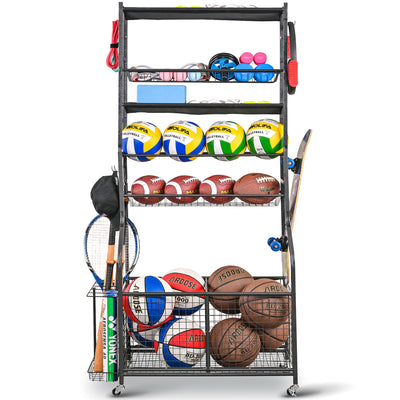 Mythinglogic Garage Sports Equipment Organizer, Ball Storage Extra Large Capacity Six Tier Sports Organizer for Garage, Basketball Rack with Hooks and Baskets for Football, Soccer Ball, Bat, Toys