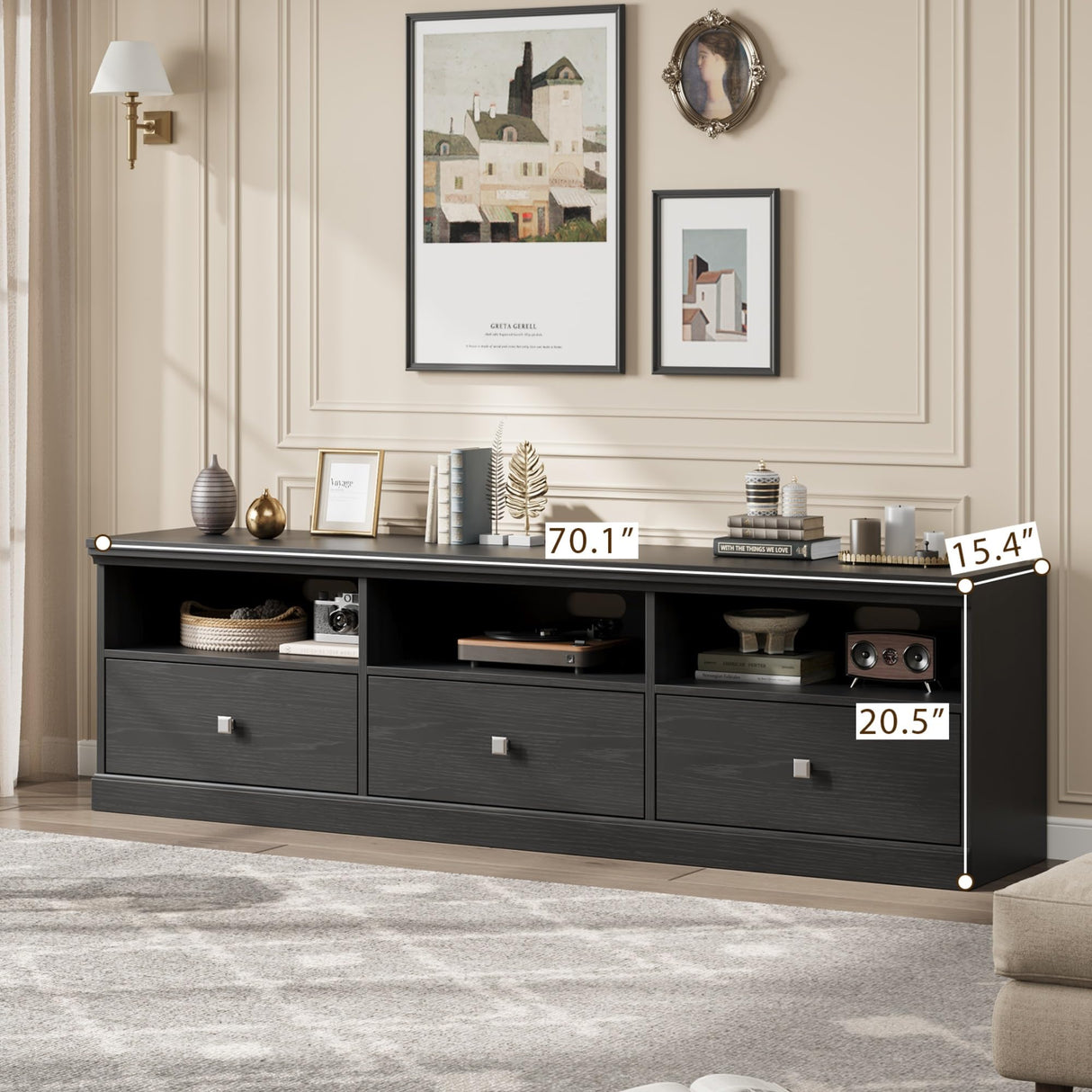 IDEALHOUSE 70in TV Stand for TVs up to 80", Mid Century Modern Entertainment Center with Storage Drawer and Open Shelves, TV Console Media Cabinet for Living Room, Bedroom, Black IDEALHOUSE