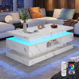 47.2 inch Modern High Glossy LED Coffee Table with 2 Sliding Drawers, Double-Layer Center Tables with LED Lights for Livings Room Furniture, White chartustriable