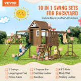 VEVOR Wooden Swing Set, 10 in 1 Playground Sets for Backyards, 2 Swings, 6FT Slide, Trapeze Bar, Flat Step Ladder,Large Upper Fort with Kitchen Toys, Rock Wall, Picnic Table, Sandbox, Scaling Ladder VEVOR