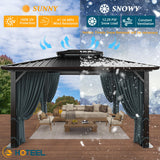 HOTEEL 10x15 Hardtop Gazebo with Flame-Retardant Curtain & Netting, Hot Tub Gazebo with Galvanized Steel Double Roof, Heavy Duty Permanent Pavilion Outdoor for Patio, Frame Thickened (Upgraded 3.0) Hoteel