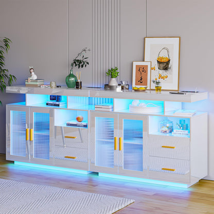 SKKTKT Set of 2 LED Sideboard Buffet Cabinet, 79" Large Coffee Bar Cabinet with Charging Station, High Gloss Kitchen Storage Cabinet with Auto Sensor 24-Color Lights for Dinning Room (White) - WoodArtSupply