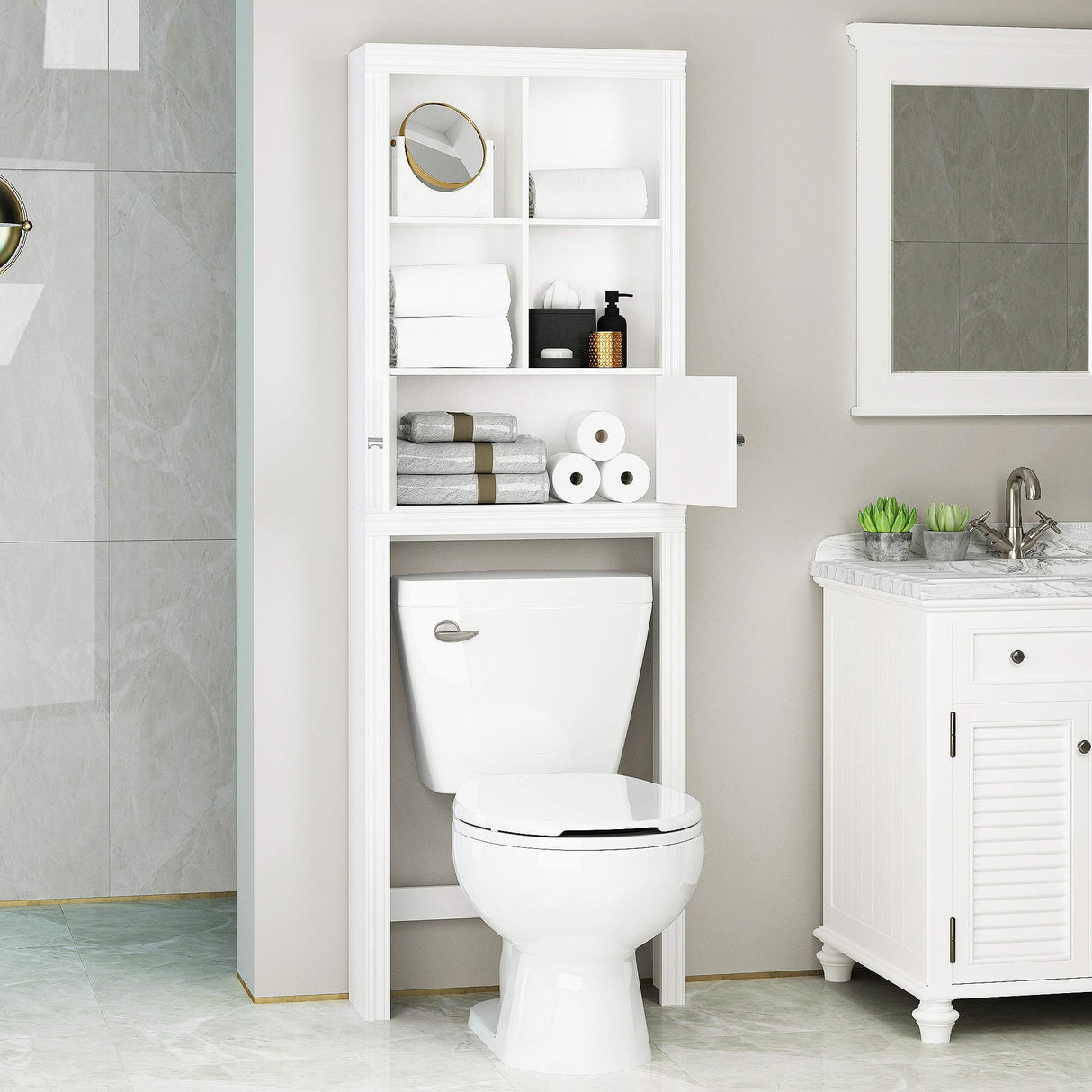 Spirich Over The Toilet Storage Cabinet, Above Toilet Storage Cabinet with Doors, Freestanding Bathroom Space Saver, White Spirich