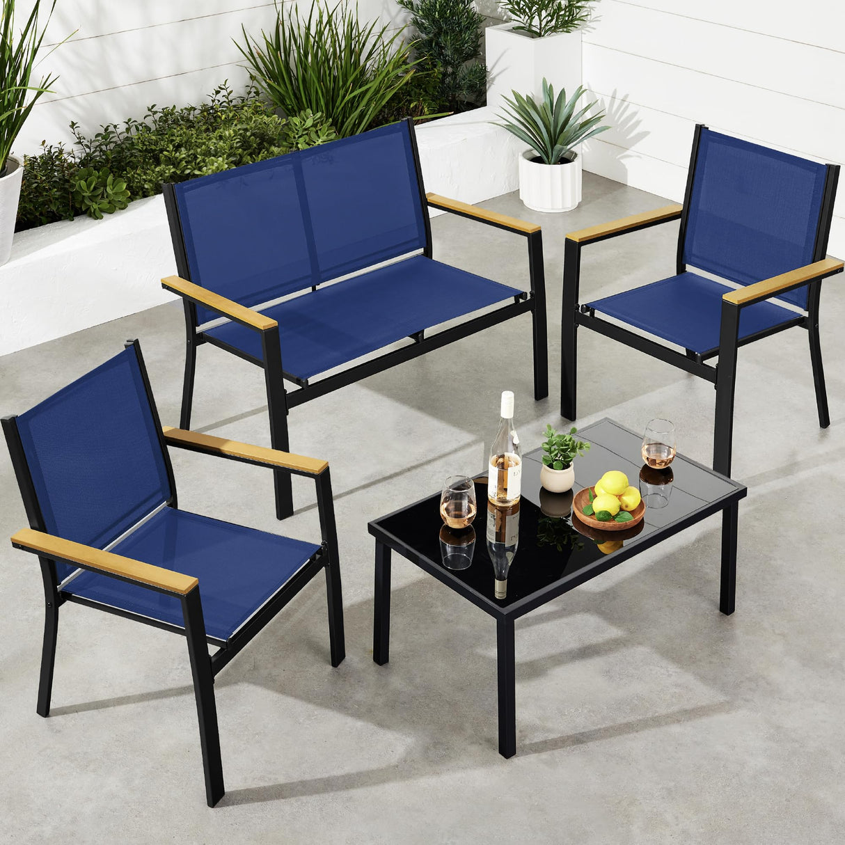 Best Choice Products 4-Piece Outdoor Textilene Patio Conversation Set, Backyard Furniture w/Loveseat, Coffee Table, Steel Frame - Black/Navy Best Choice Products