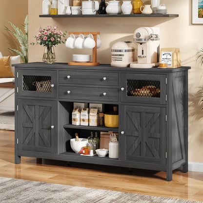 YITAHOME 59" Sideboard Cabinet, Farmhouse Buffet Cabinet with Storage, Kitchen Cabinet with 2 Large Drawers & Visual Grid Door, Coffee Bar Cabinet with Barn Door for Living Room, Dark Grey