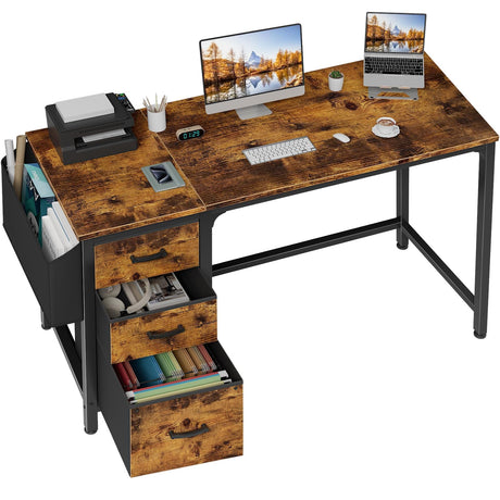 Lufeiya Computer Desk with Fabric File Drawers Cabinet, 55 Inch Home Office Desks with Filing Cabinet for Small Space, Study Writing Table PC Desks with Storage for Bedroom, Rustic Brown Lufeiya