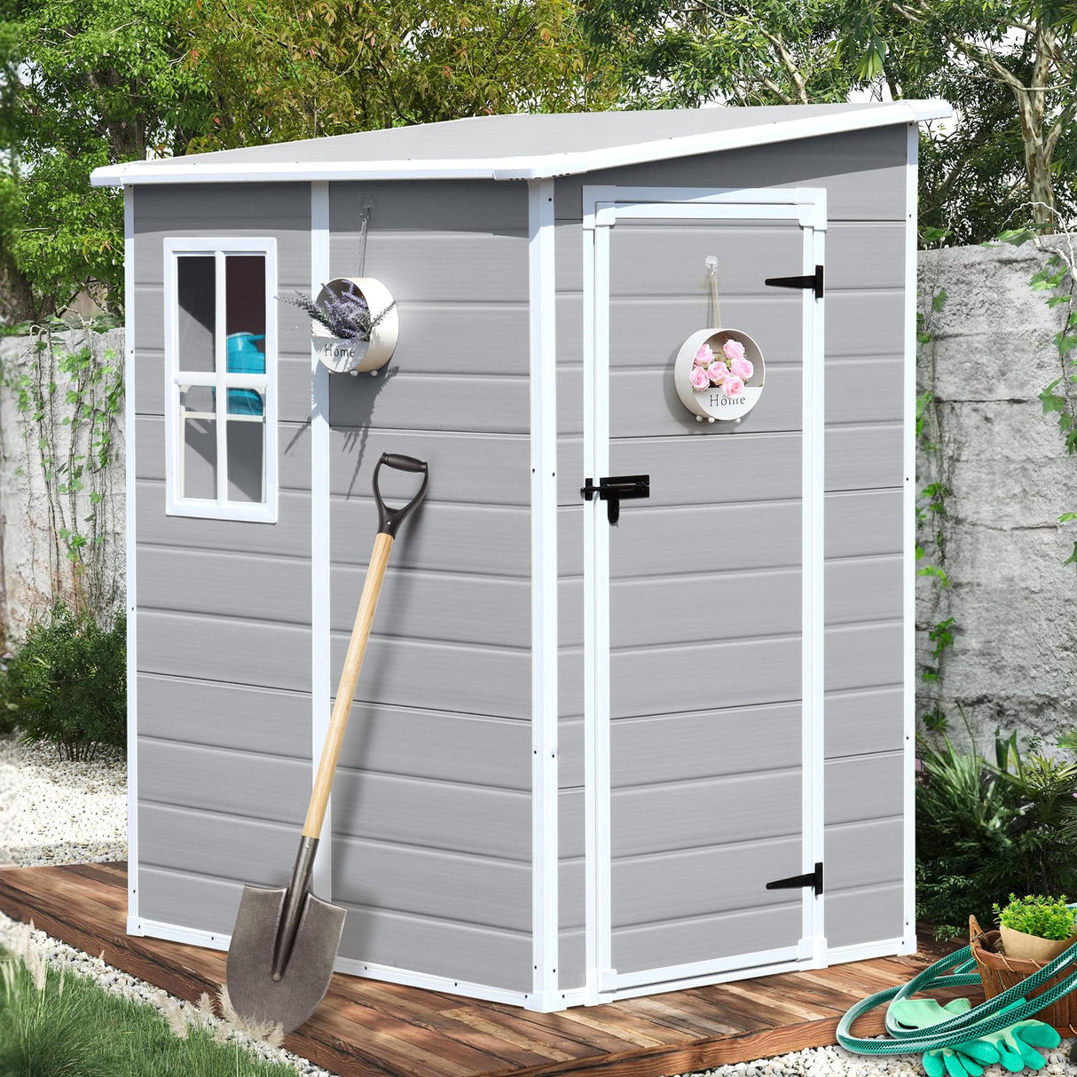 CDCASA 5x4 FT Storage Shed, Waterproof Resin Outdoor Storage Shed with Floor & Window & Lockable Door, Tool Shed for Garden Patio, Backyard,Lawn, All Weather Use, Light Gray CDCASA