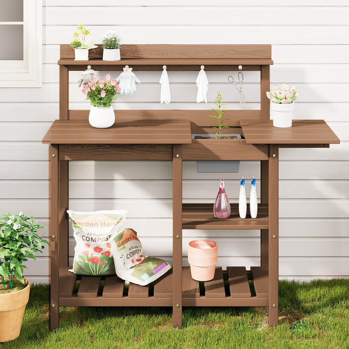 SERWALL Potting Bench Outdoor Potting Table with Sink, HDPE Potting Benches for Outside Gardening Table All Weather Use- Brown SERWALL