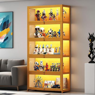QOEUDD Display Cabinet with Acrylic Glass Door, 5 Tier Curio Display Case, Collectibles Toy Organizers Rack & Display Shelf, Kids Bookcase for Bedroom, Reading Nook, Toddler's Room, Bamboo