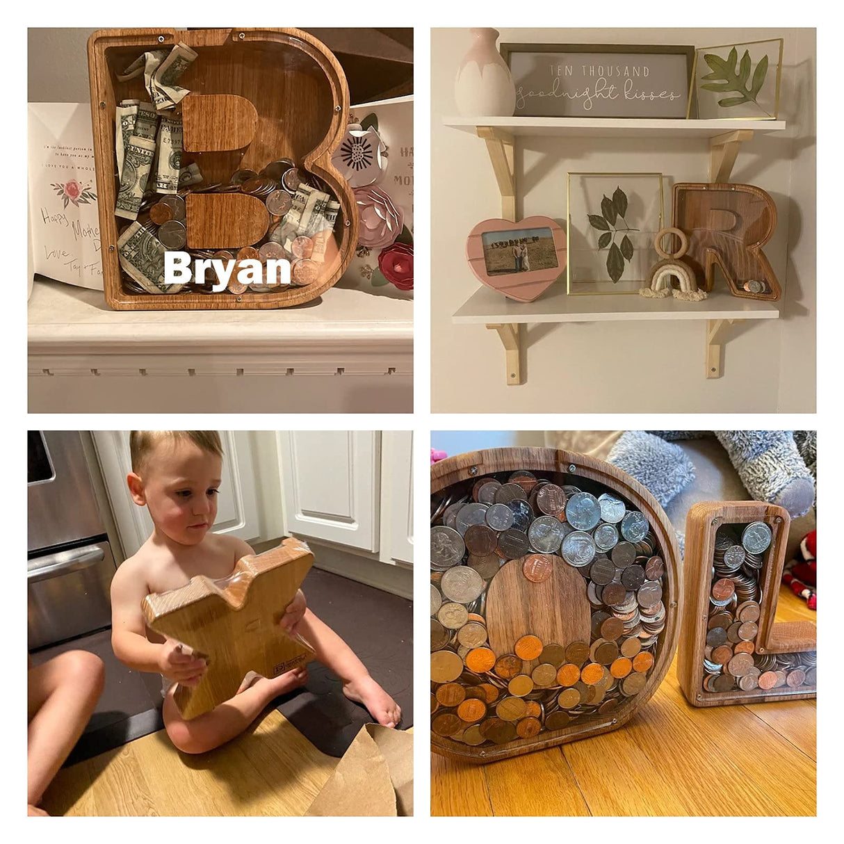 Personalized Large Wooden Kids Letter Piggy Bank Custom Name Coin Bank, (Laser Engraved Name) Wood Alphabet Letter Bank Money Box Birthday (B) ladenk