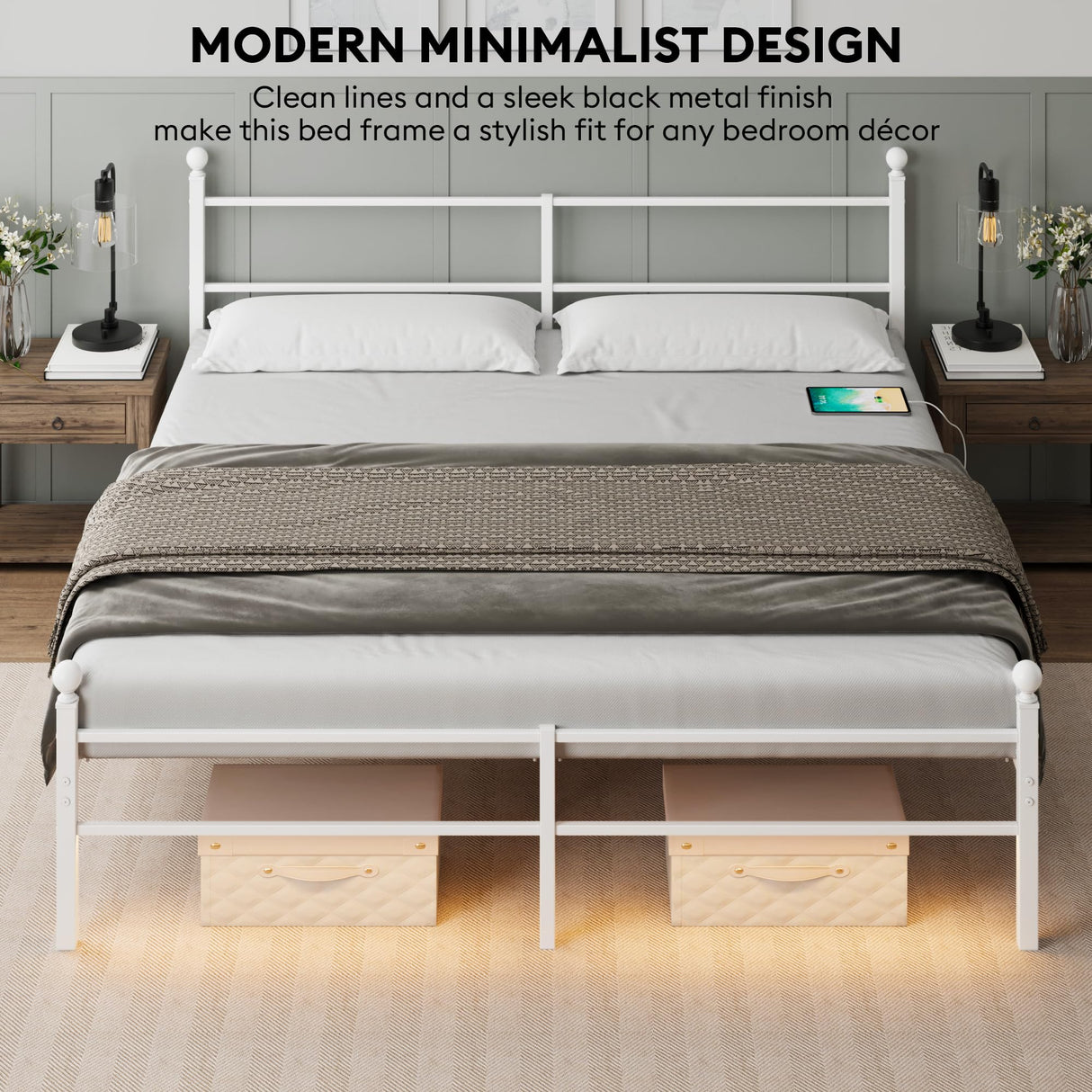 King Size Bed Frame with Headboard - Metal Platform Bed with LED Lights, Charging Station, Under Bed Storage and Heavy Duty Steel Slats Support - No Box Spring Needed, Easy Assembly, White BedNZZZ
