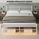 King Size Bed Frame with Headboard - Metal Platform Bed with LED Lights, Charging Station, Under Bed Storage and Heavy Duty Steel Slats Support - No Box Spring Needed, Easy Assembly, White BedNZZZ