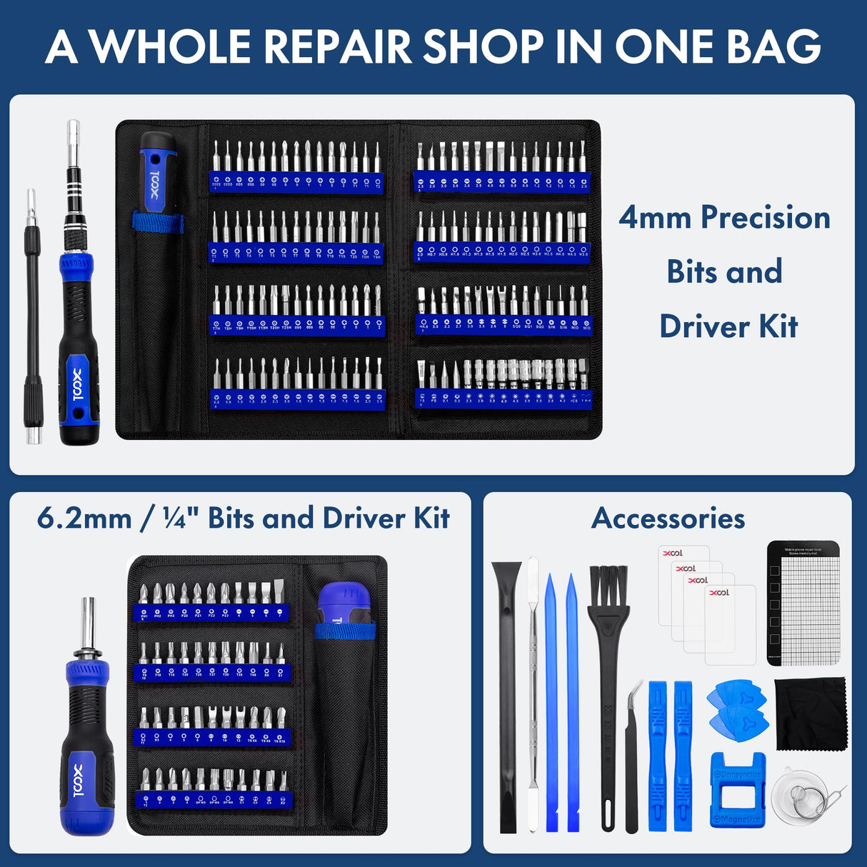 XOOL 200 in 1 Precision Screwdriver Kit, Electronics Repair Tool Magnetic Driver Kit with 164 Bits, Flexible Shaft, Extension Rod for Computer, iPhone, Laptop, PC, PS4, Xbox, Nintendo XOOL