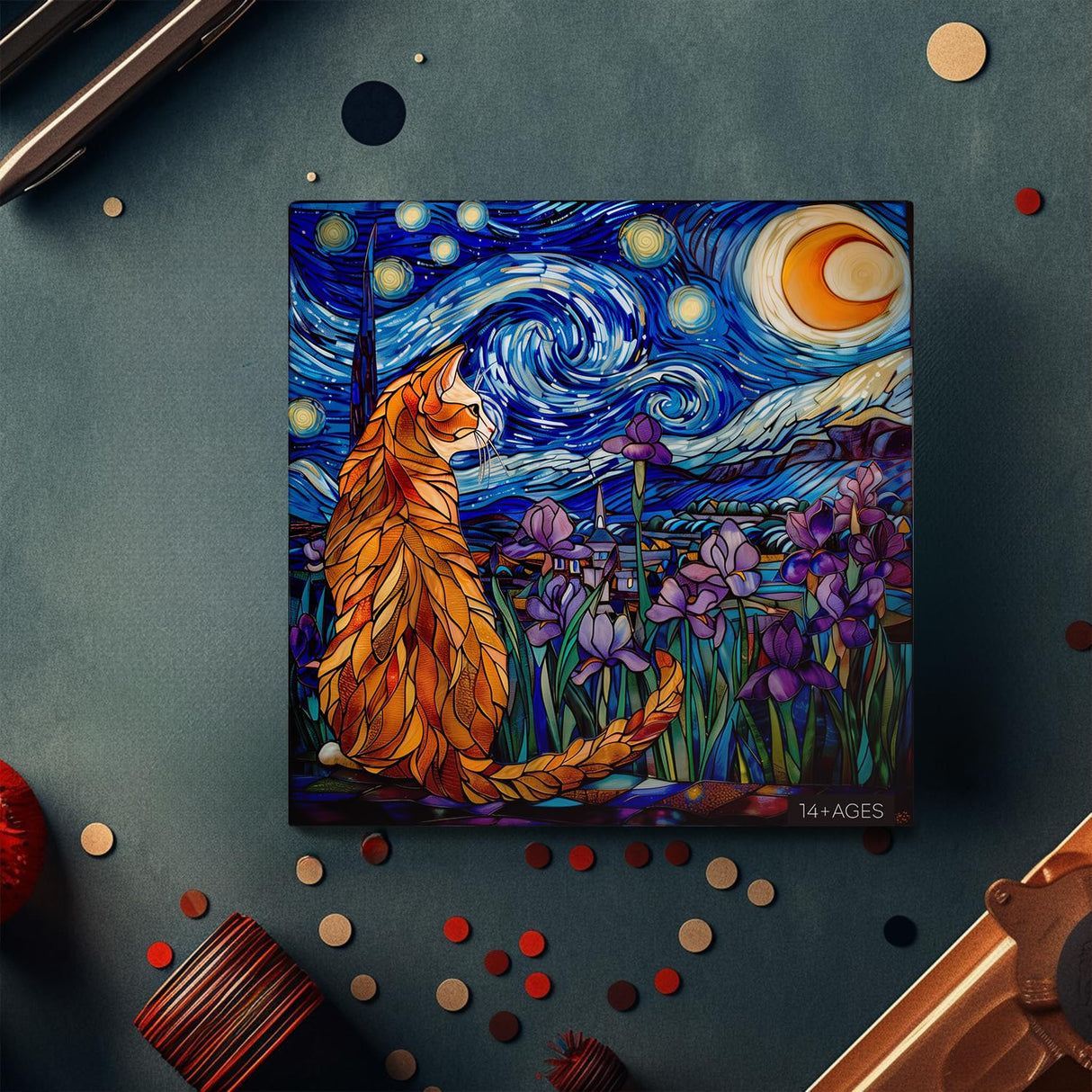 Cat Puzzles for Adults 1000 Pieces, PICKFORU Stained Glass Puzzles Feature Purple Iris Flowers, Starry Night, Moonlit Cat Flower Jigsaw Puzzle for Cat Lovers PICKFORU