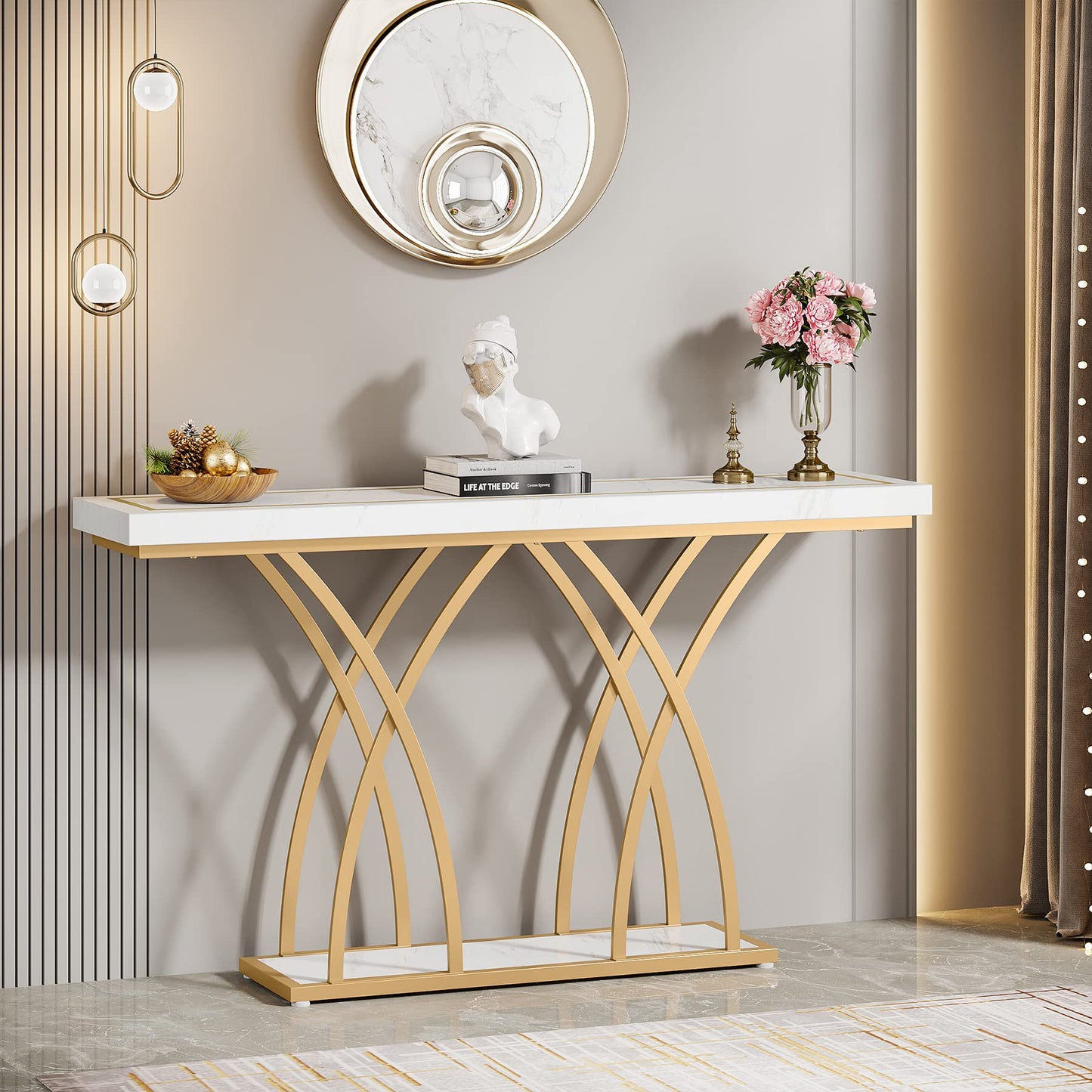 Tribesigns 55 Inch Gold Console Table, Modern Faux Marble Veneer Entryway Table Behind Sofa Couch, Narrow Long Hallway Table with Geometric Metal Legs for Living Room, White & Gold - WoodArtSupply