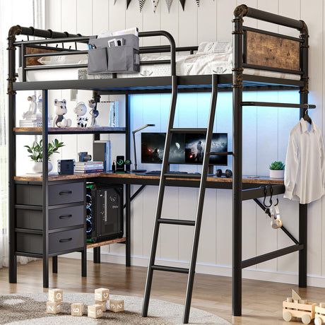 Twin Size Heavy Duty Metal Loft Bed with L-Shaped Desk, LED Lights,Charging Station, Industrial Loft Bed Frame with 3 Storage Shelves and 3 Fabric Drawers, Safety Guard & Ladder (Vintage Brown) Jocoevol