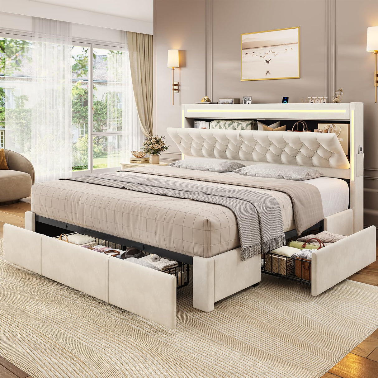 BTHFST Upholstered LED Bed Frame King Size with 3 Storage Drawers, Hidden Storage Headboard with Charging Station, Velvet Button Tufted Headboard Platform Bed, Beige BTHFST